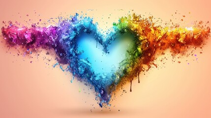 a colorful heart made out of paint splattered on a pink and orange background with the colors of the rainbow.