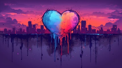 a painting of a heart in the middle of a city with a dripping paint drips down the side of it.
