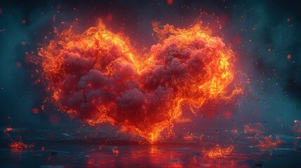 a heart shaped fire with lots of smoke coming out of it's sides and a lot of smoke coming out of it's sides. - obrazy, fototapety, plakaty