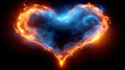 a blue and orange heart shaped object with fire and smoke in the shape of a heart on a black background.