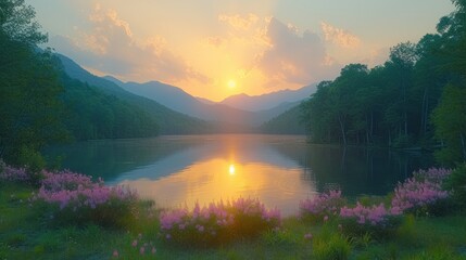 the sun is setting over a lake with mountains in the background and wildflowers in bloom in the foreground.