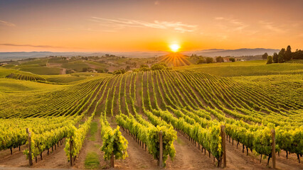Sunset bathes a vineyard in golden light, with sunbeams highlighting rows of grapevines over rolling hills, capturing the essence of serene agriculture.