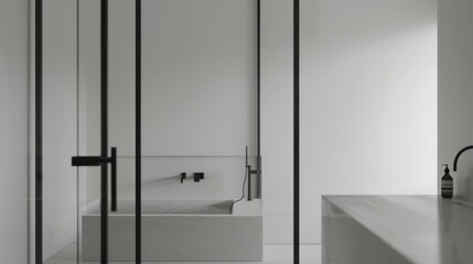 Sleek Minimalist Bathroom with White Color Scheme and Black-Framed Shower Enclosure