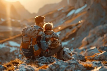 A father and his young daughter pause on their desert hike, taking a break to play with a toy cartoon character as they sit on the rocky mountain ground - obrazy, fototapety, plakaty