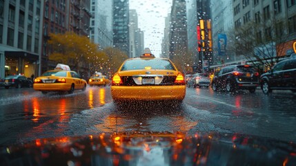 a taxi cab driving down a street next to tall buildings on a rainy day with rain falling on the windshield.