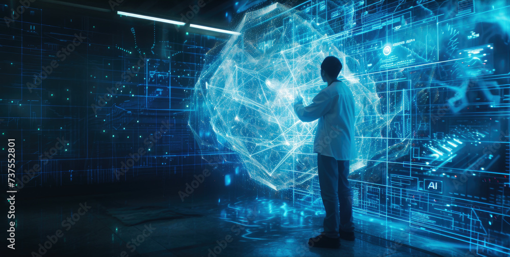 Poster engineer works with 3d model of artificial intelligence in dark lab. futuristic digital dashboard an