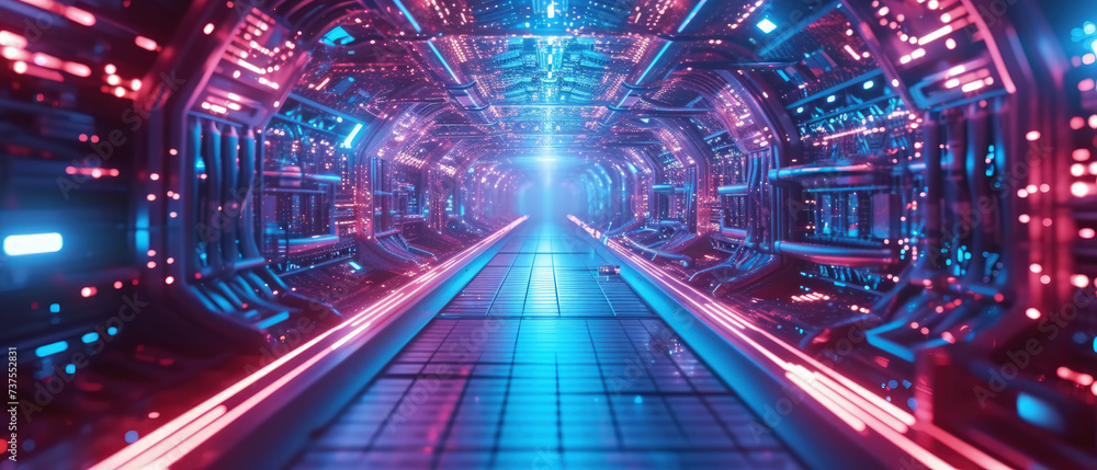 Poster futuristic tunnel with computer control panels, abstract tech space background. perspective of dark 