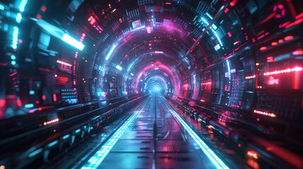 Digital tunnel in cyber space, abstract tech corridor background. Perspective of cyberspace with neon data light. Concept of technology, future, futuristic AI network, security