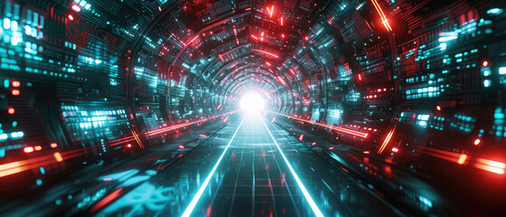 Futuristic tunnel with digital data, abstract tech background. Perspective view of cyber space, dark virtual corridor with neon light. Concept of technology, future, AI network