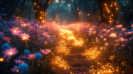 Luminous flowers in fantasy fairytale forest, glowing path in dark fairy tale woods, magical plants and lights in wonderland. Concept of night, beauty, dream, nature, landscape - obrazy, fototapety, plakaty