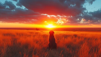 a dog sitting in the middle of a field watching the sun go down in the distance with clouds in the sky.