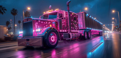 a pink semi truck driving down a city street at night with lights on the side of it's cab. - obrazy, fototapety, plakaty