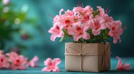 a vase filled with pink flowers sitting on top of a blue table next to a green leafy planter.
