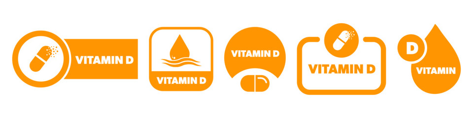 Vitamin D vector labels isolated on white. Vitamin stickers set.