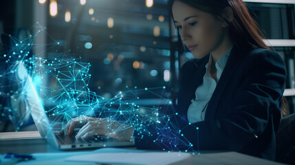 A businesswoman grading or rating online documents with an AI-powered system on her laptop