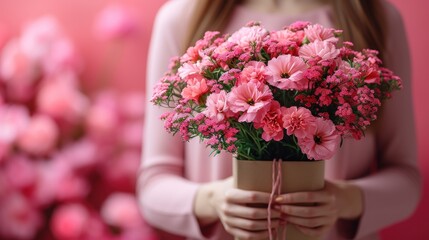 a close up of a person holding a bouquet of flowers with pink flowers in the background and a pink wall in the foreground.