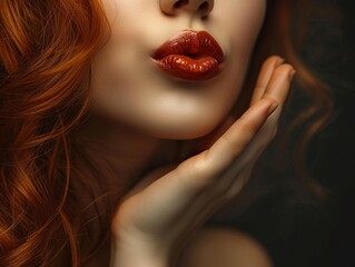 Close-up portrait of beautiful red-haired girl with red lips blowing a kiss.