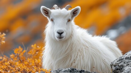 a close up of a goat on a hill with trees in the back ground and bushes in the foreground.