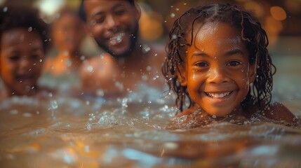 A happy little girl is smiling while swimming in the pool with her family