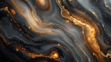 a close up of a black and gold swirl with gold flecks on the bottom of the swirl and gold flecks on the bottom of the swirl.