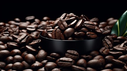 Fototapeta premium Black Bowl Filled With Coffee Beans and Green Leaf