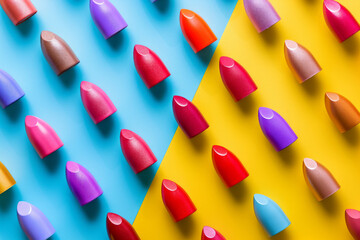 A collection of bright lipsticks on a fashionable bright background. The concept of makeup,...