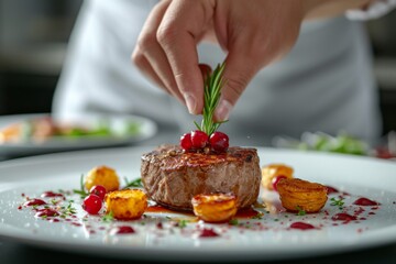 Obraz na płótnie Canvas Chef's hand decorated haute cuisine dish