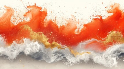 a painting of orange and white waves on a white and grey background with a gold border in the middle of the image.