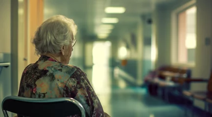Fotobehang an elderly woman seated in hospital corridor © Poprock3d