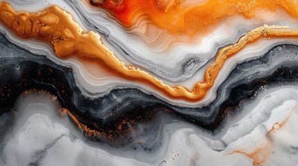 a close up of a black, orange, and white marble with a gold line in the middle of it. - obrazy, fototapety, plakaty