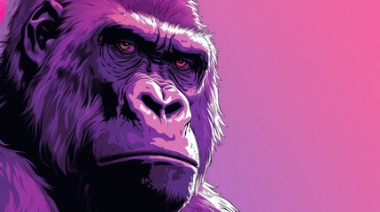 a close up of a gorilla's face with a pink and purple background and a pink and purple background.