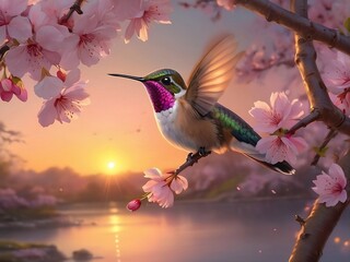 A delicate humming bird resting on a vibrant cherry blossom branch, with the soft glow of the setting sun casting a dreamy aura over the scene