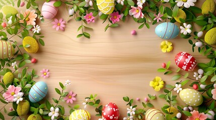 Naklejka na ściany i meble Easter eggs floral wreath background. Beautiful celebration season element
