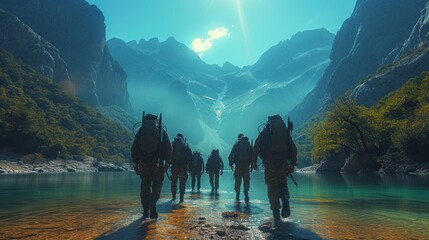 a group of people with backpacks walking along a river in a mountainous area with a mountain range in the background. - obrazy, fototapety, plakaty