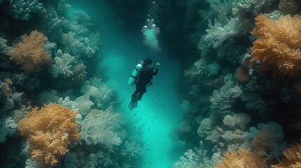Fototapeta na wymiar a person in a scuba suit is swimming in the water surrounded by corals and sea anemonic plants.