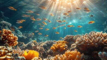 an underwater view of a coral reef with many small fish swimming in the water and sunlight streaming through the water.