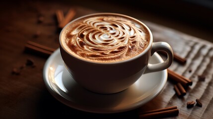 Cappuccino on Saucer With Cinnamon Sticks