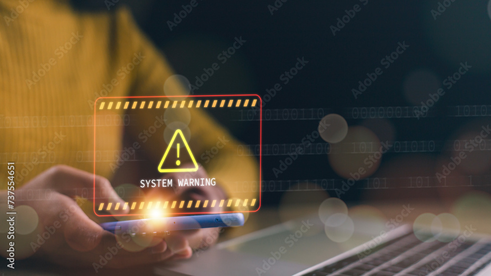 Poster system warning caution sign on smartphone, scam virus attack on firewall for notification error and 