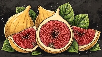 a group of figs with leaves and a piece of fruit in the middle of the image on a black background.