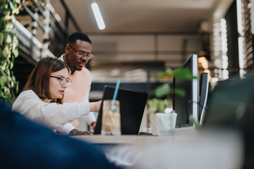 Multinational business professionals collaborate in a corporate office, focusing on market research, planning, and profit growth.