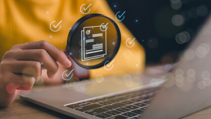 Women holding Magnifier glass analysis of document process with technology processor to planning business information data, tech, network corporate concept.