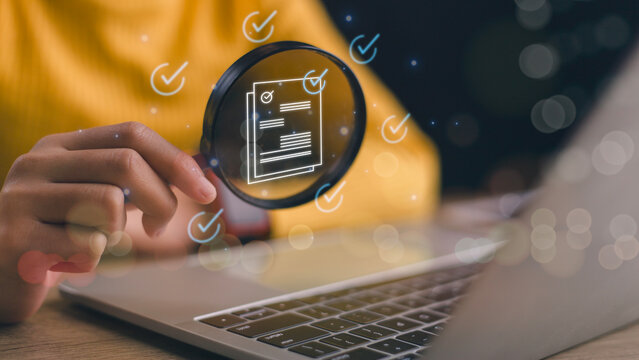 Women holding Magnifier glass analysis of document process with technology processor to planning business information data, tech, network corporate concept.