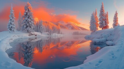 a lake surrounded by snow covered trees and surrounded by snow covered mountains with a red and orange sunset in the background.