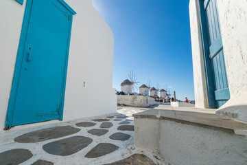 Famous Windmills of Mykonos town overlooking.  Mykonos Island in Greece