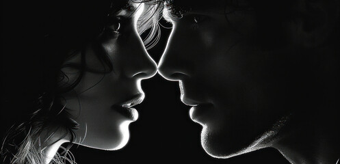 a black and white photo of a man and a woman facing each other with their noses close to each other. - obrazy, fototapety, plakaty