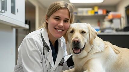 smiling vet posing with labrador dog in veterinary surgery