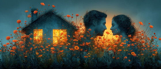 a painting of two people facing each other in front of a house with a field of flowers in front of them.