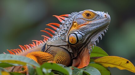 a close up of an iguana on a branch with leaves in the foreground and a blurry background.