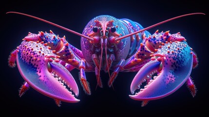 a close up of a purple and blue lobster on a black background with a red line in the middle of the image.
