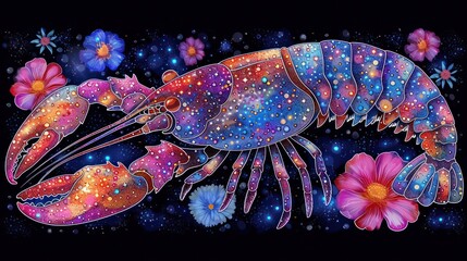 a painting of a colorful lobster on a black background with flowers and daisies on the bottom of the image.